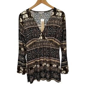 Susan Lawrence Tunic Blouse Womens Size Large Boho Bell Sleeve V Neck Brown Top‎